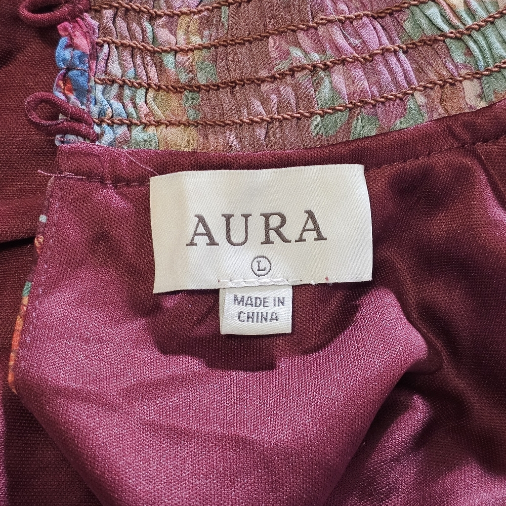 AURA Floral Maxi Dress Burgundy Boho Mock Neck Lantern Sleeve Tiered Belted L - Picture 8 of 11